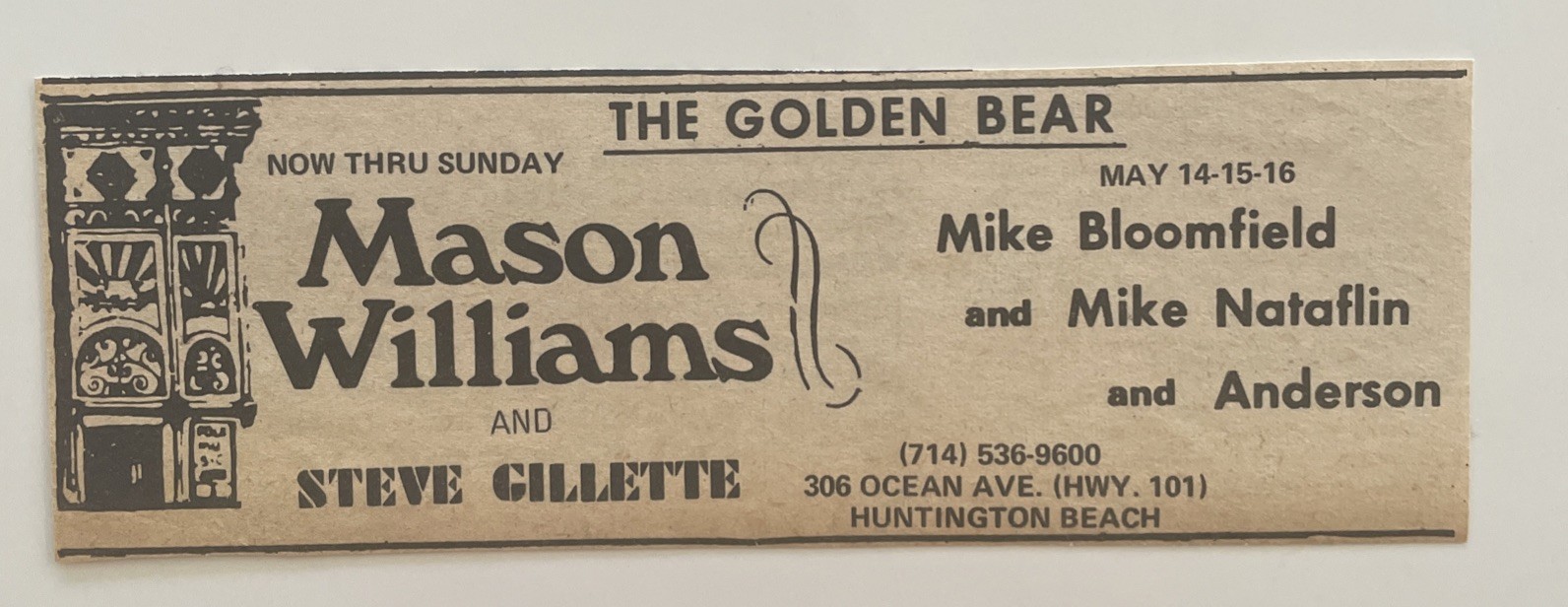 1971 Mike Bloomfield, Mike Nataflin, THE GOLDEN BEAR, Huntington Bch, Concert Ad