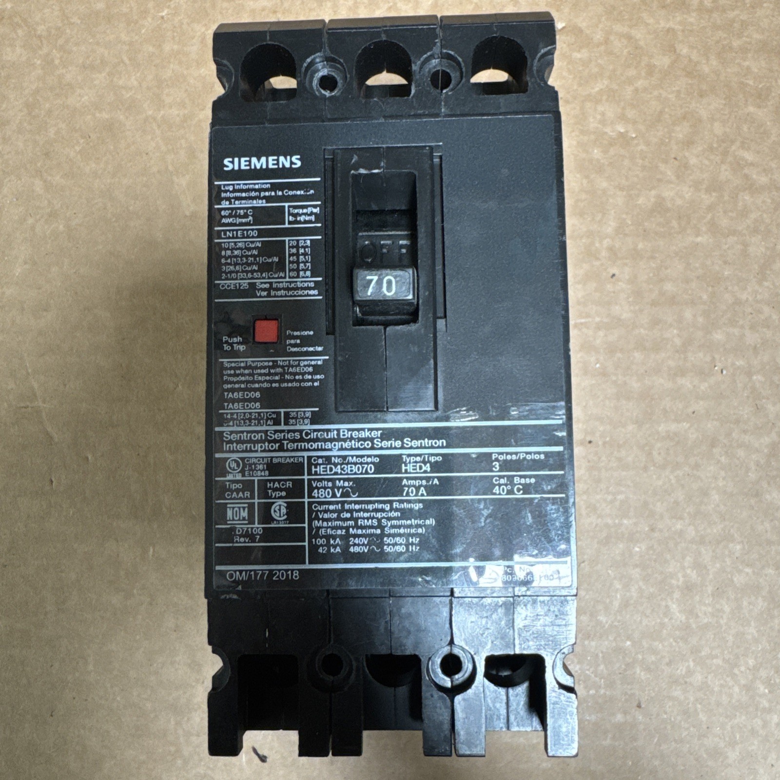 Siemens Sentron HED43B070 70 amp 3 Phase HED Bolt on 42kA@480v Breaker -Tested