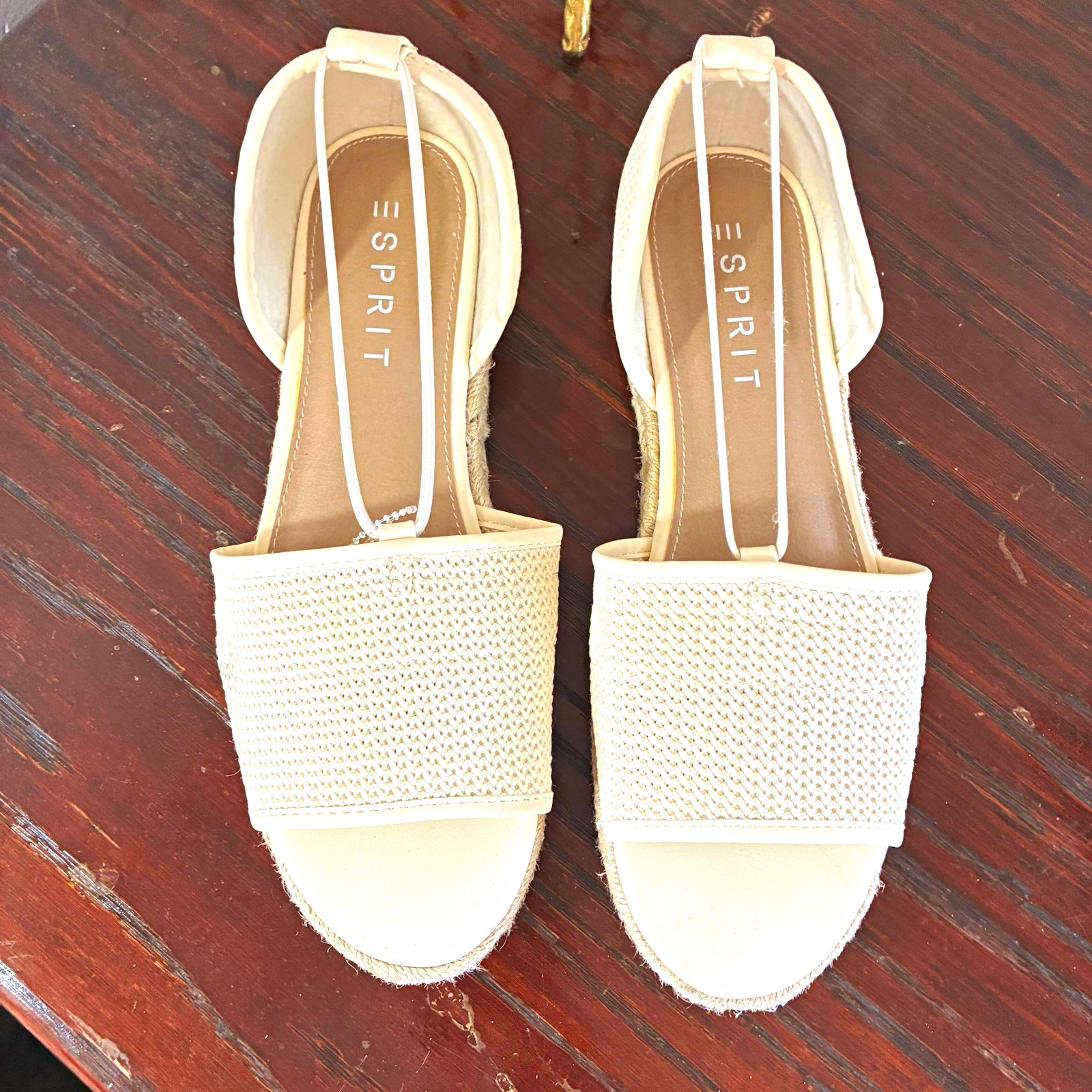 Esprit Women’s Beige Textile Slide Sandals Slip On Flat Straps Logo 8.5M