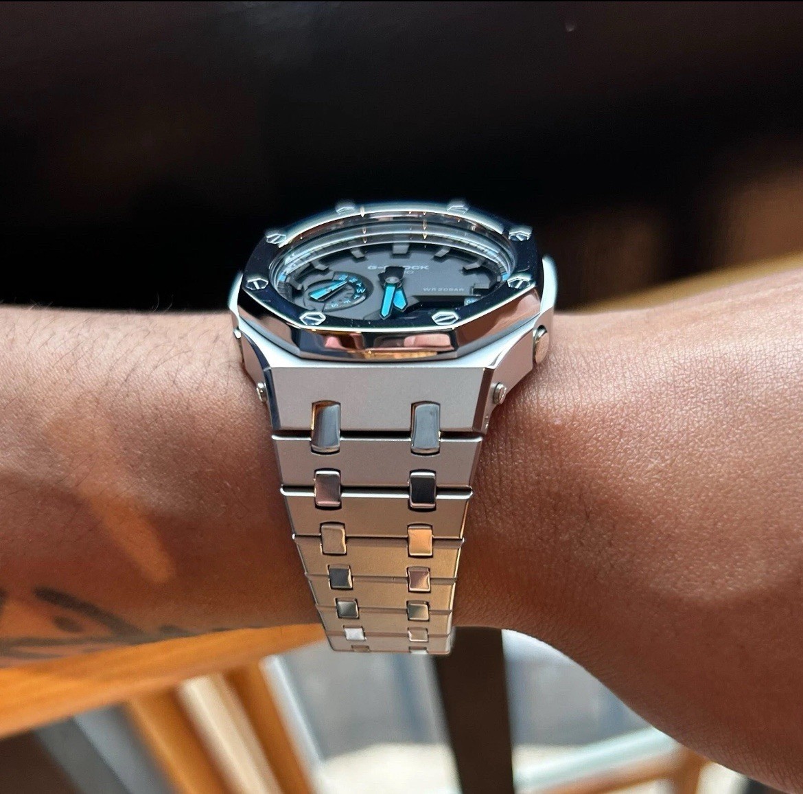 Modified G Shock: Blue Accents Black Bezel Silver Band Luxury