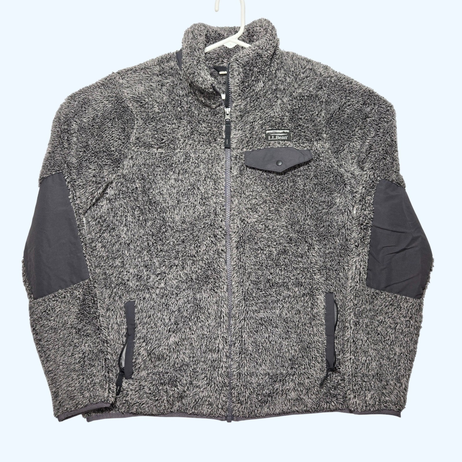 LL Bean Hi-Pile Fleece Jacket Womens Medium Gray Full Zip Elbow Patch 505250