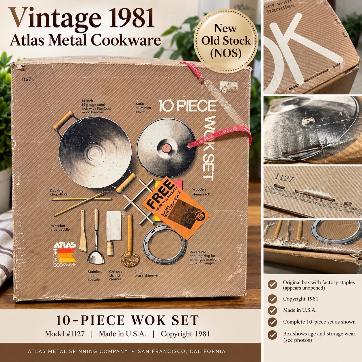 Vintage 1981 Atlas 10 Piece Wok Set #1127 NOS Unopened Made in USA 14”