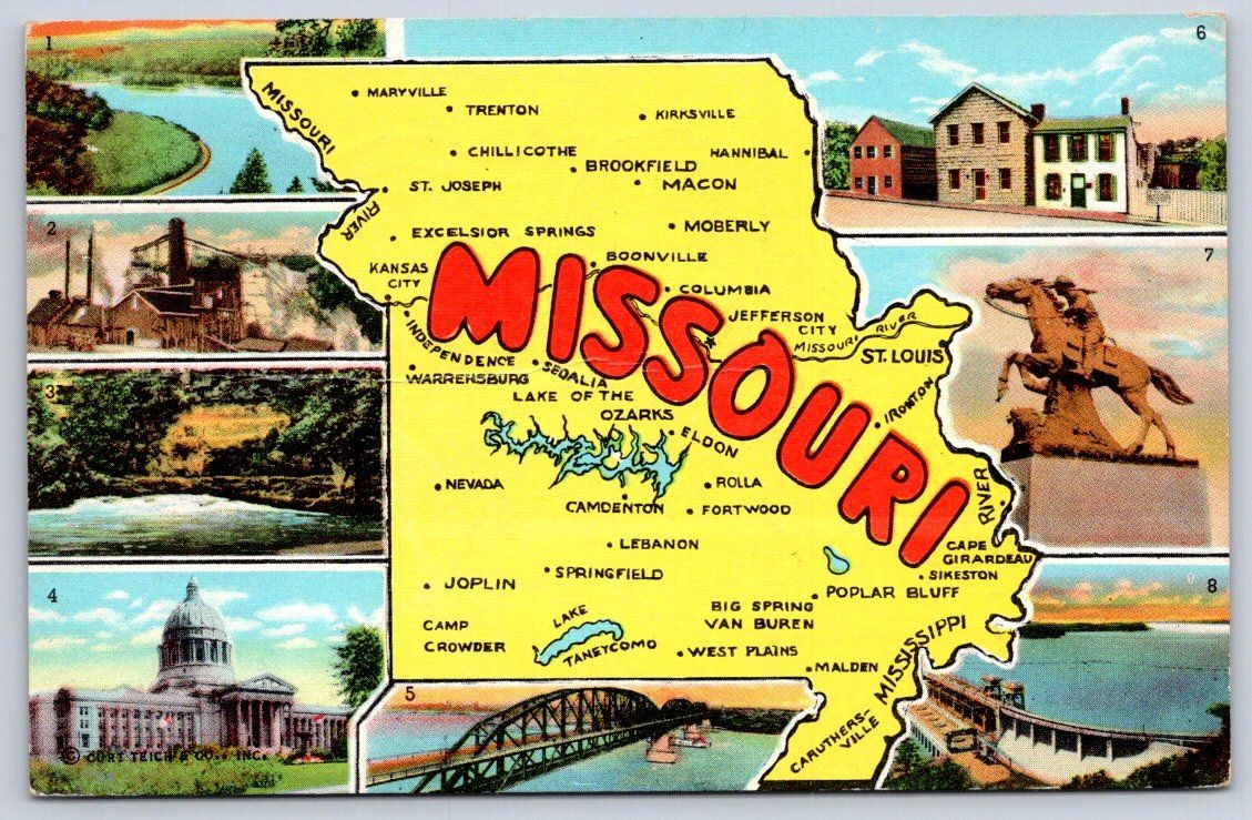 Steelville Vintage Missouri State Map Greeting JEFFERSON CITY Linen 1946