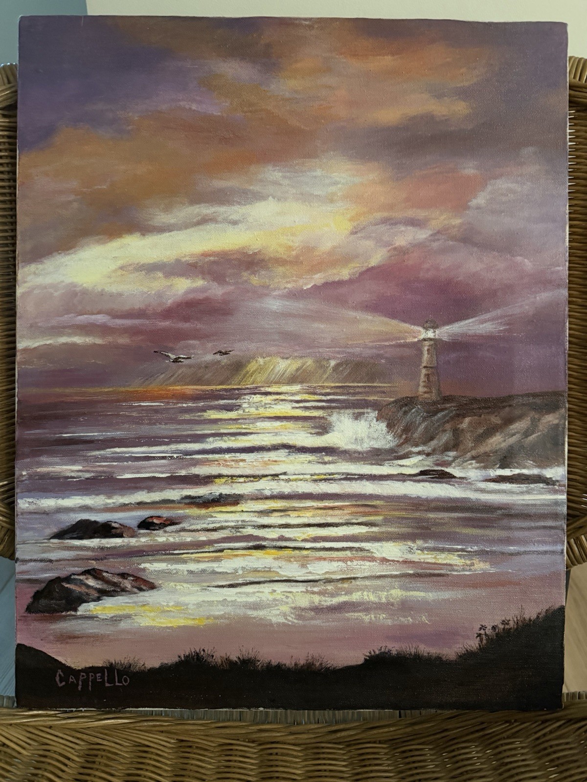 VTG Acrylic Unframed Lighthouse Seascape Painting 16\
