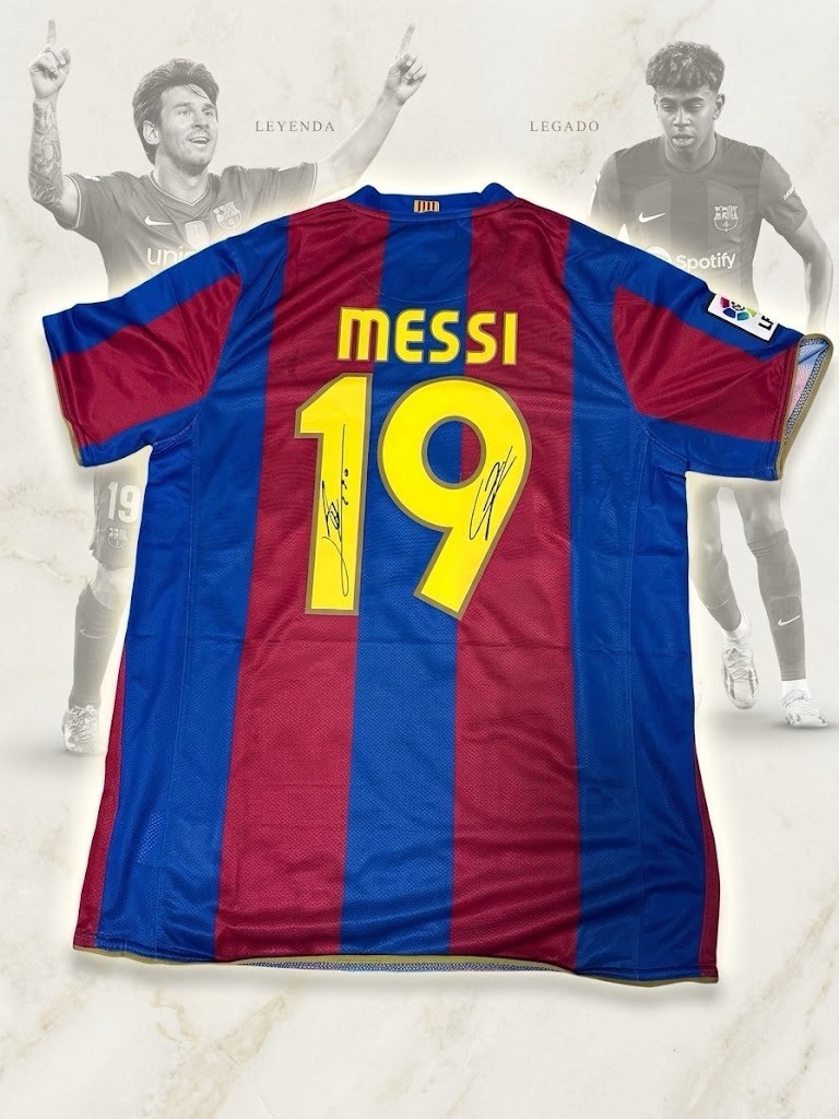 Lionel Messi Lamine Yamal Back Signed FC Barcelona Home Shirt w/ICONS COA Lionel Messi Lamine Yamal Back Signed FC Barcelona Home Shirt w/ICONS COA