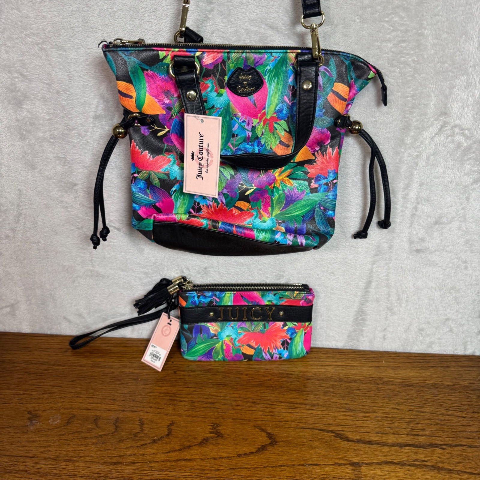 NWT Juicy Couture Tropical Print Purse Handbag and Wristlet Set Floral