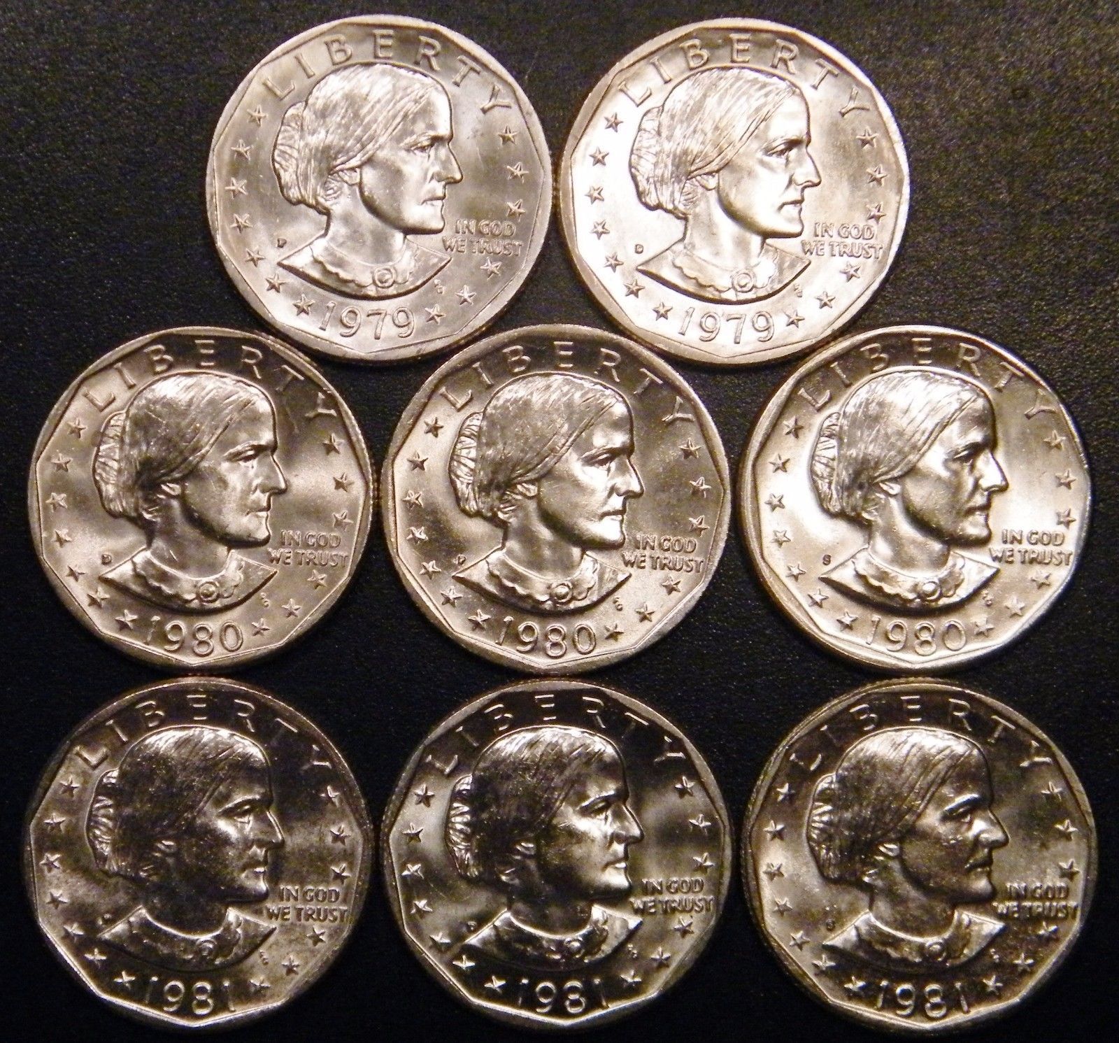 1979 PD 1980 PDS 1981 PDS Susan B Anthony BU Dollar US Mint Cello Run 8 Coin Set