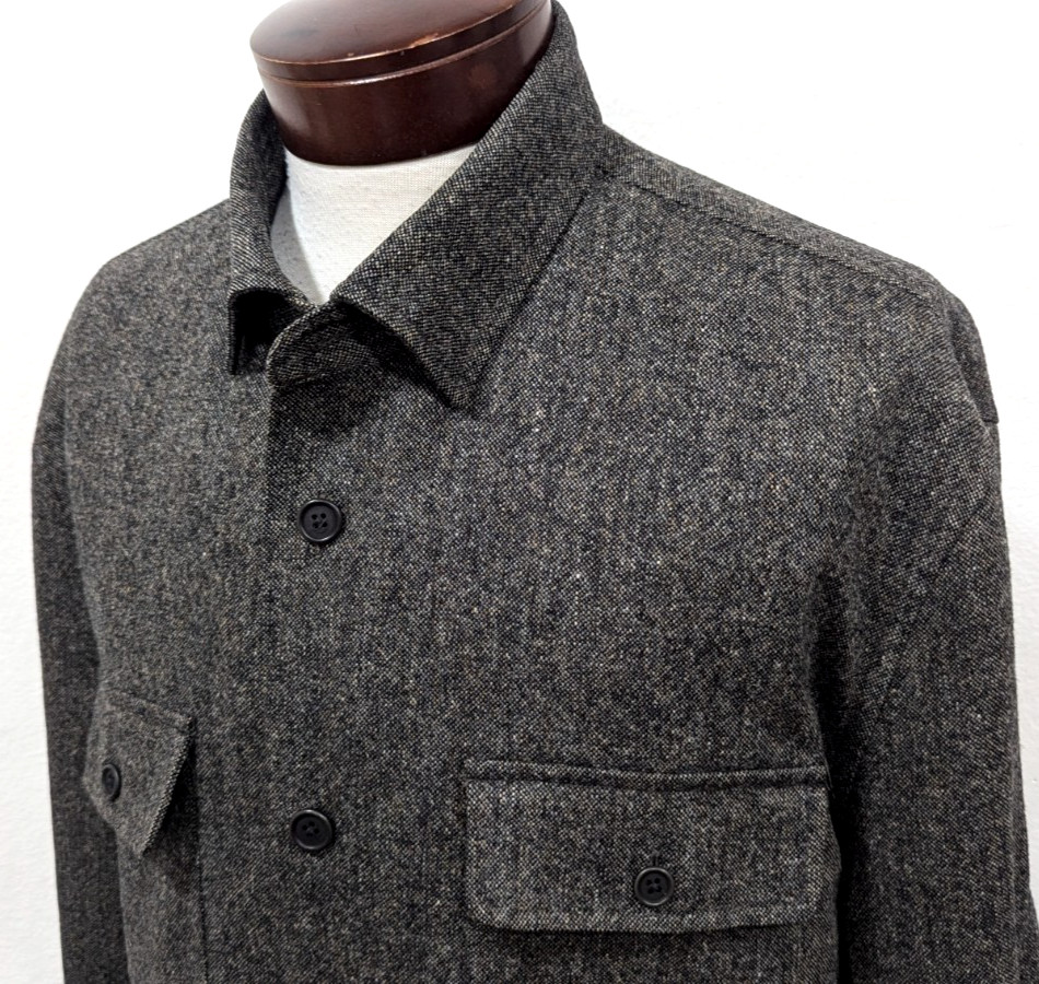 Vtg FACONNABLE Men\'s Jacket OVERSHIRT 100% Wool Tweed Gray Button Size L VEUC *
