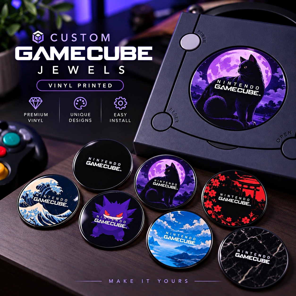 Custom Nintendo GameCube Jewel Sticker, Vinyl Printed Multicolor, Easy Install Custom Nintendo GameCube Jewel Sticker, Vinyl Printed Multicolor, Easy Install
