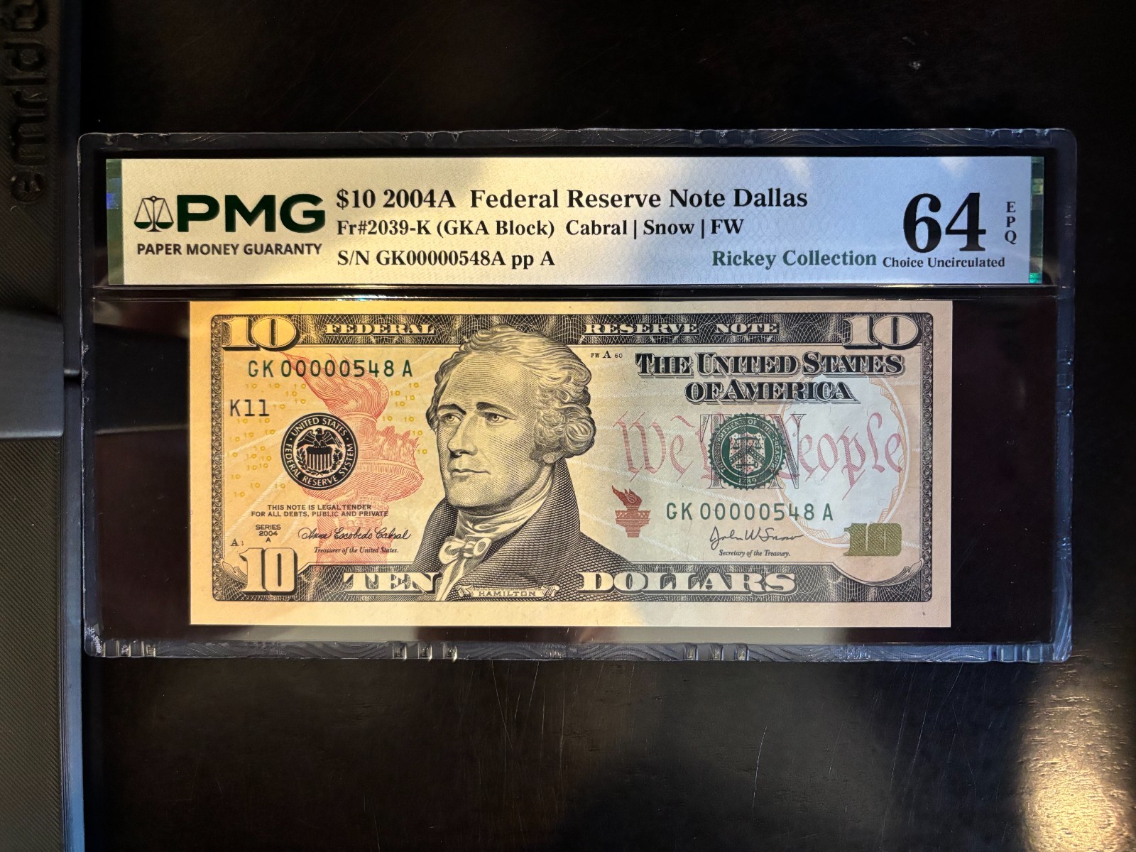 DBR 2004-A $10 FRN Dallas Fr. 2039-K PMG 64 EPQ Low Serial GK00000548A