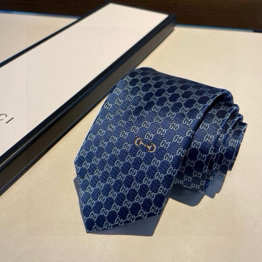 Men Navy Blue GG Silk Necktie Classic Pattern Horsebit Logo Office Wedding Tie