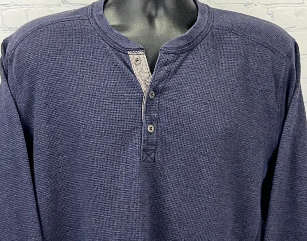 Eddie Bauer Mens Waffle Knit Thermal Henley Navy Large Long Sleeve
