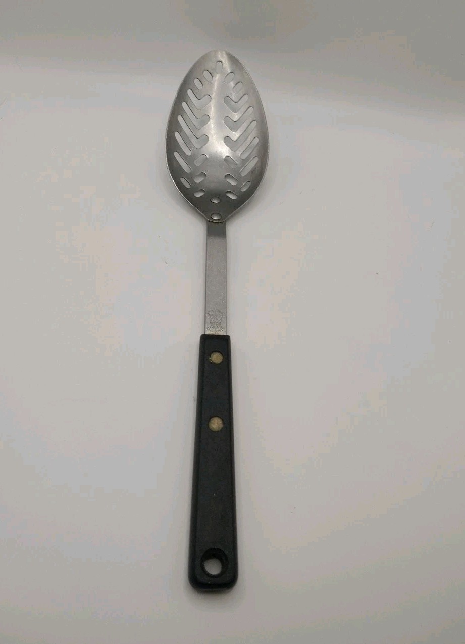EKCO Forge Stainless Serving Slotted Spoon Black Handle 11.5” USA Vintage