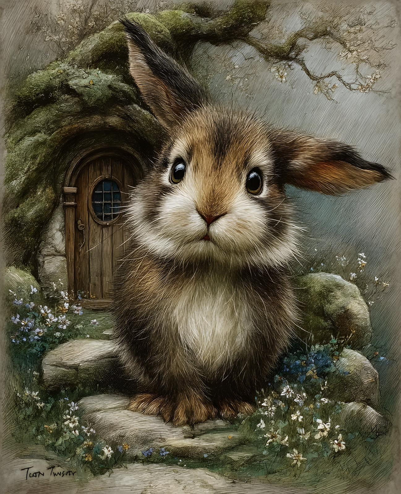 Fluffy Rabbit Before Tiny Woodland Door Among White Flowers Print - 251573029