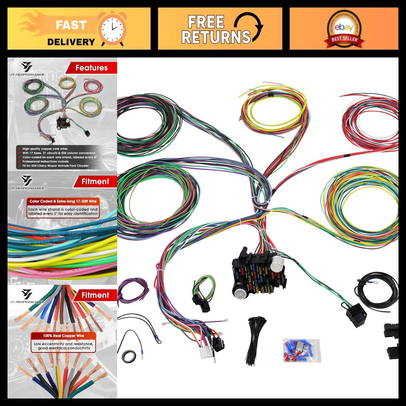 Universal 21 Circuit Wiring Harness Kit - 17 Fuses, Complete Electrical System U