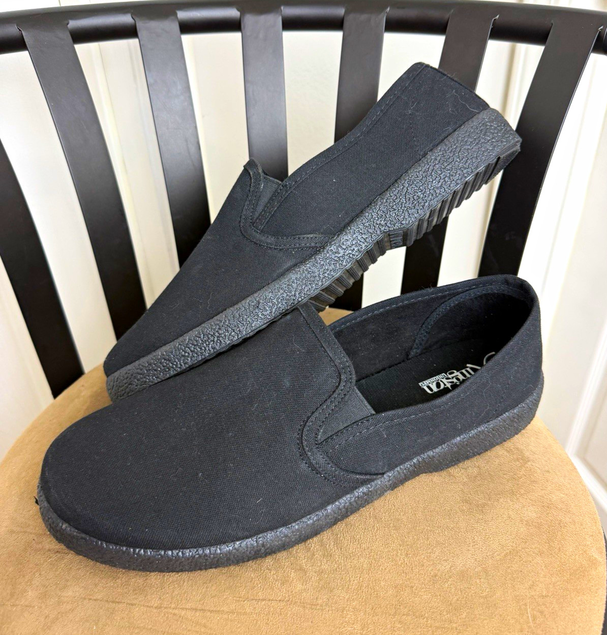 Kingston Union Men\'s Black Canvas Slip-On Casual Shoes Round Toe US 12 EU 46