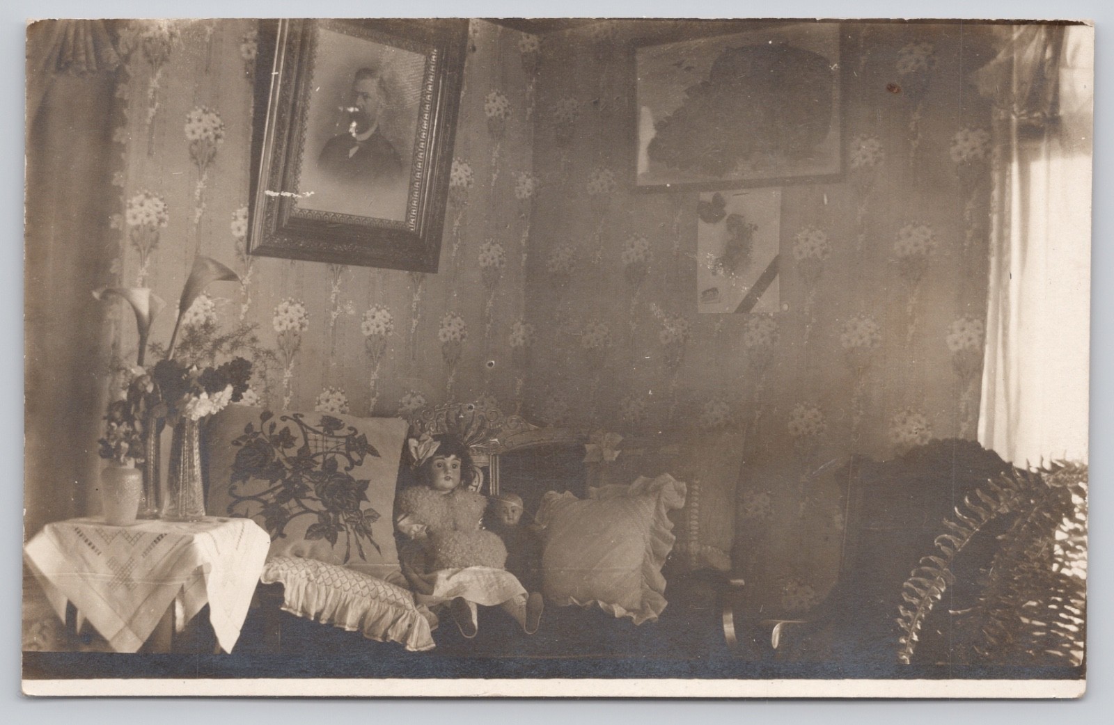 Victorian Styled Bedroom c1910s, Creepy Dolls & portraits on wall RPPC Postcard 