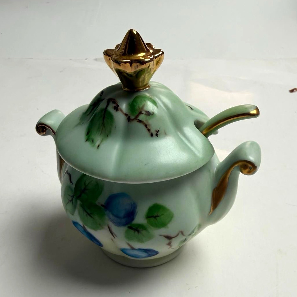 Vintage Hand Painted Porcelain Condiment Jar w/Lid Spoon Floral Gold Trim Signed