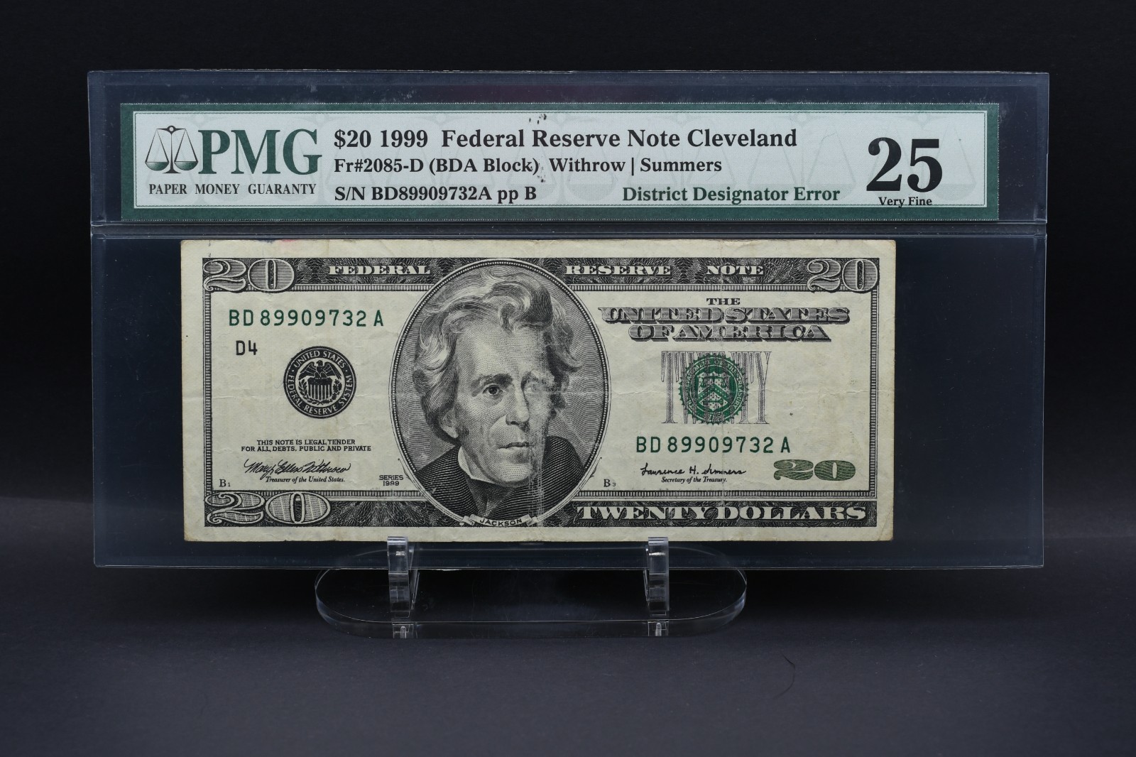 Fr# 2085-D (Cleveland) - 1999 $20 District Designator Error - PMG VF25