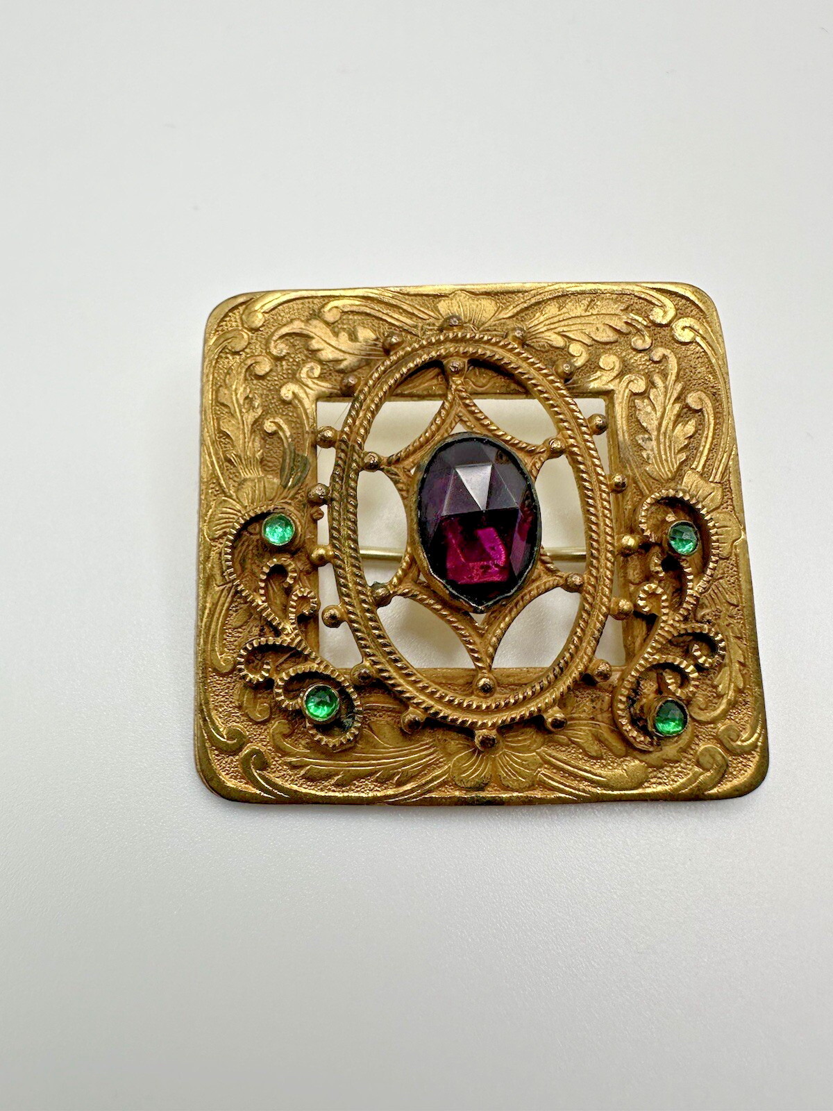 Antique Edwardian Gold Purple Green Accent Laurel Brooch 4.6cm BB7