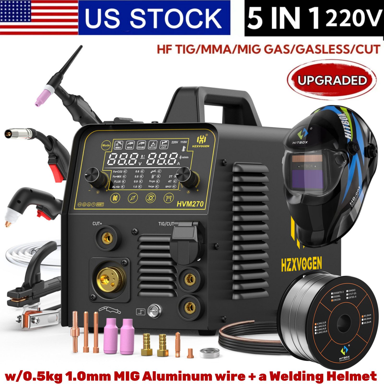 250A 220V Aluminum MIG Welder 6in1 MIG/CUT/TIG/MMA/Spot Welder KIT & ER5356 wire
