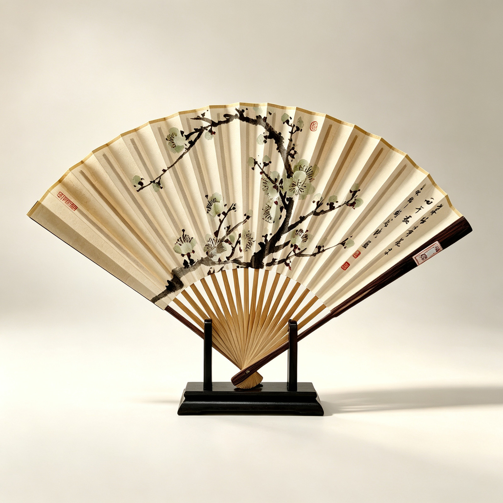 Brand New Hand-Painted Green Plum Blossom Folding Fan by Artist Zhou Xiaoying