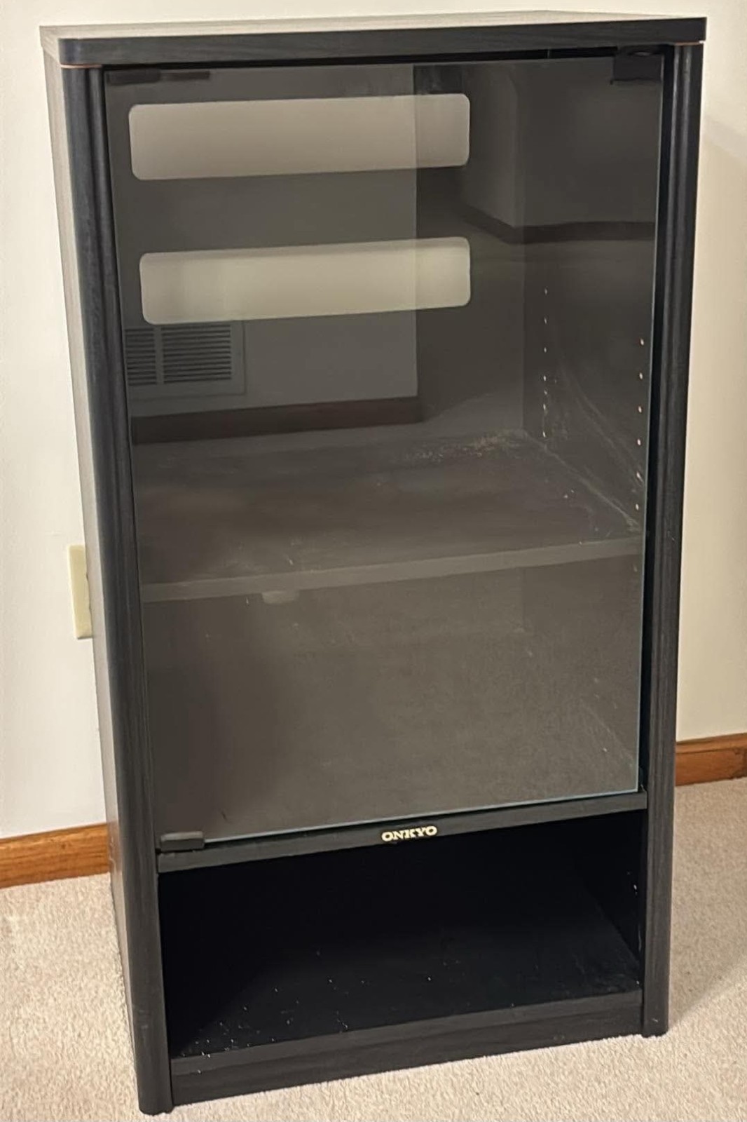 ONKYO Vintage Stereo Audio System  Cabinet, Glass Door, 2 Movable Shelves, Black