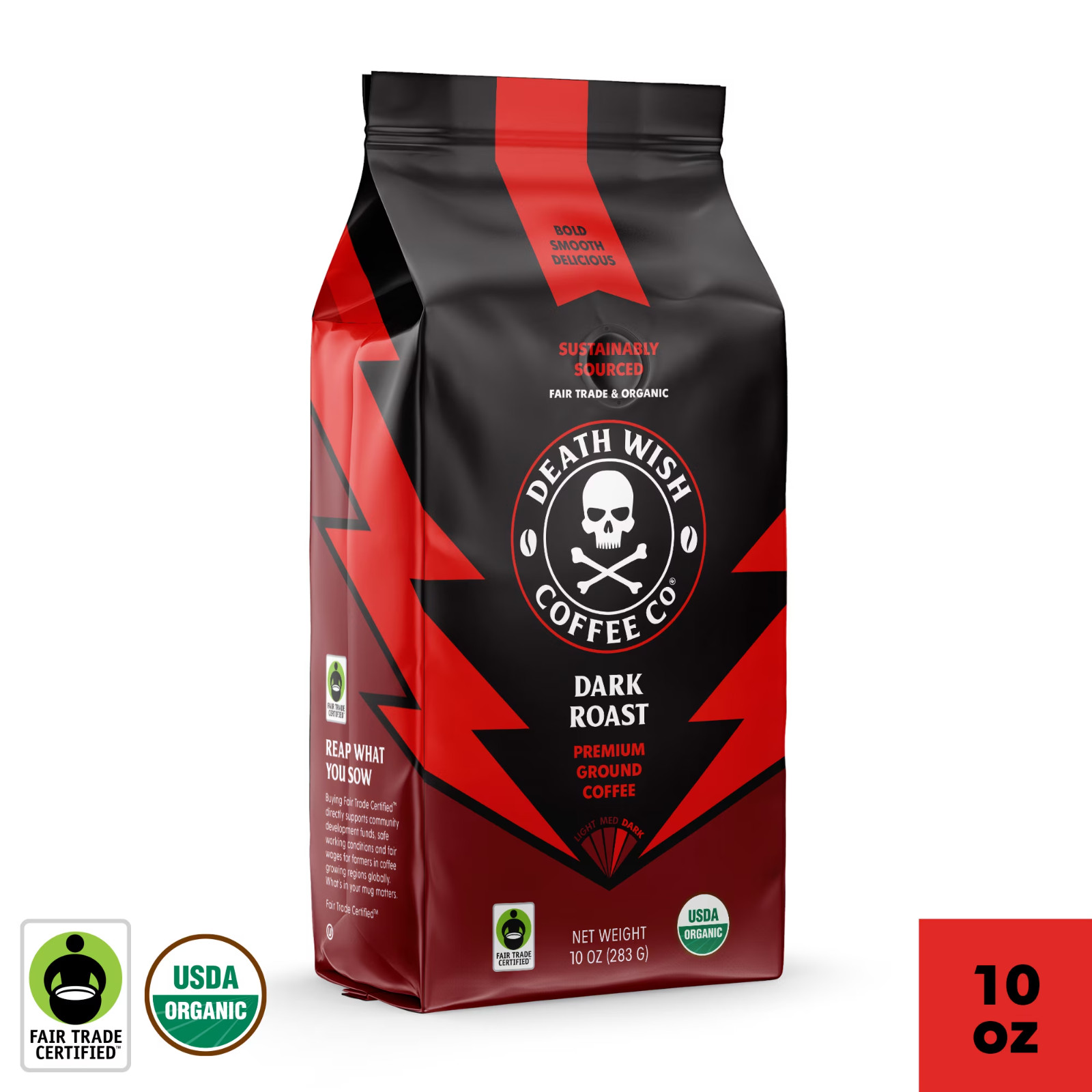 Death Wish Coffee Organic and Fair Trade Dark Roast Ground Coffee 10oz
