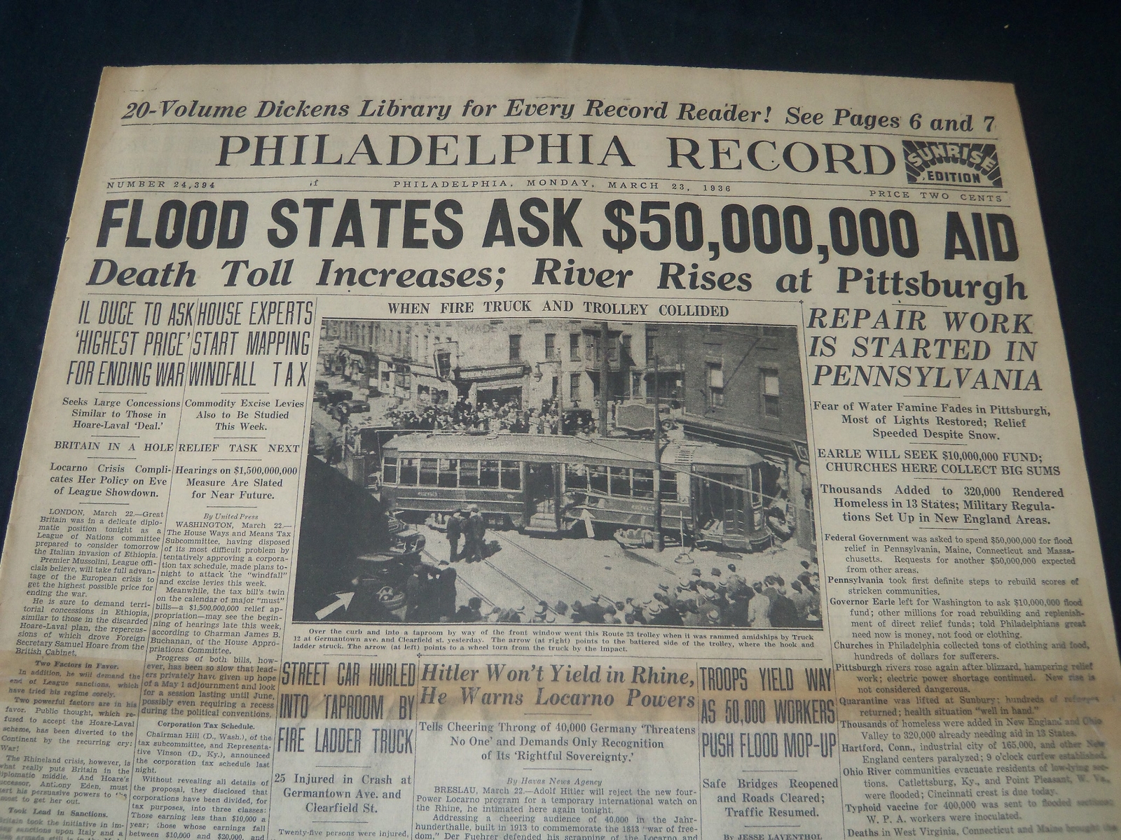 1936 MARCH 23 PHILADELPHIA RECORD NEWSPAPER - FLOOD STATES ASK FOR AID - NT 7250 1936 MARCH 23 PHILADELPHIA RECORD NEWSPAPER - FLOOD STATES ASK FOR AID - NT 7250