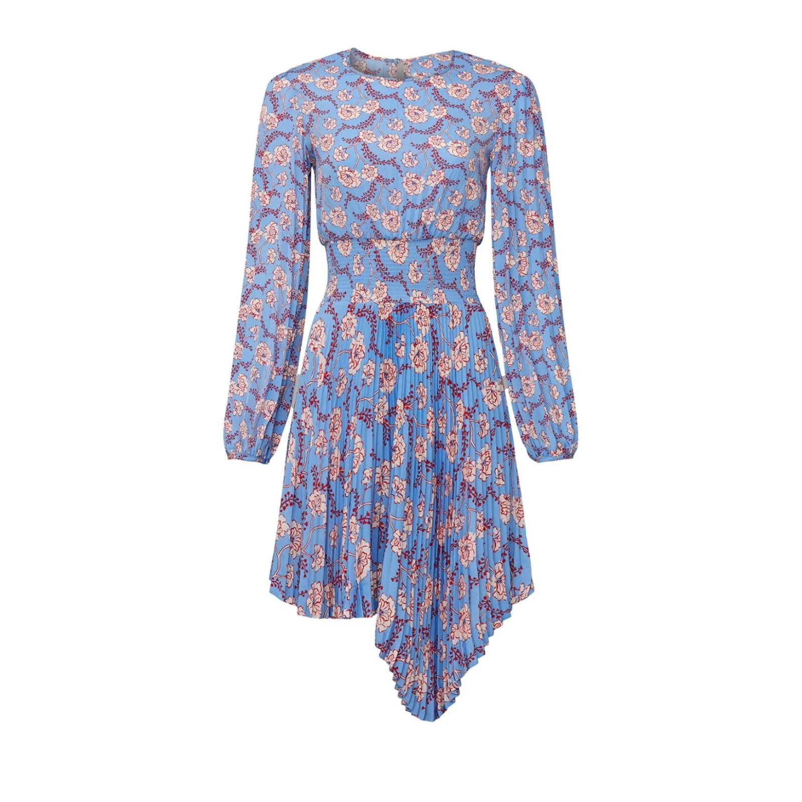ALC Behati Asymmetrical Long Sleeve Smocked Blue Floral $565 Pleated Dress 6