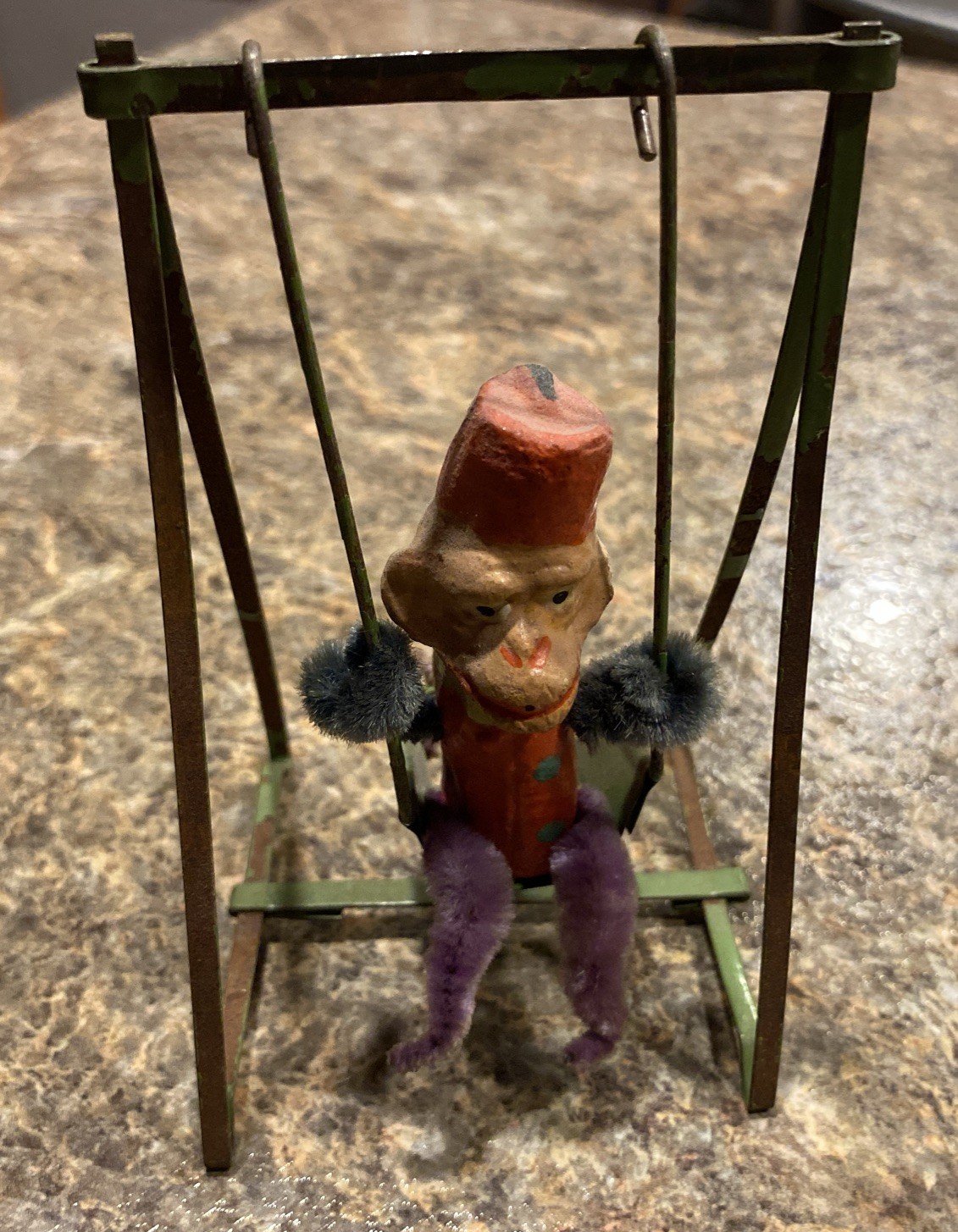 Antique Vintage Monkey On Tin Swing Germany Composition Doll Toy German Rare