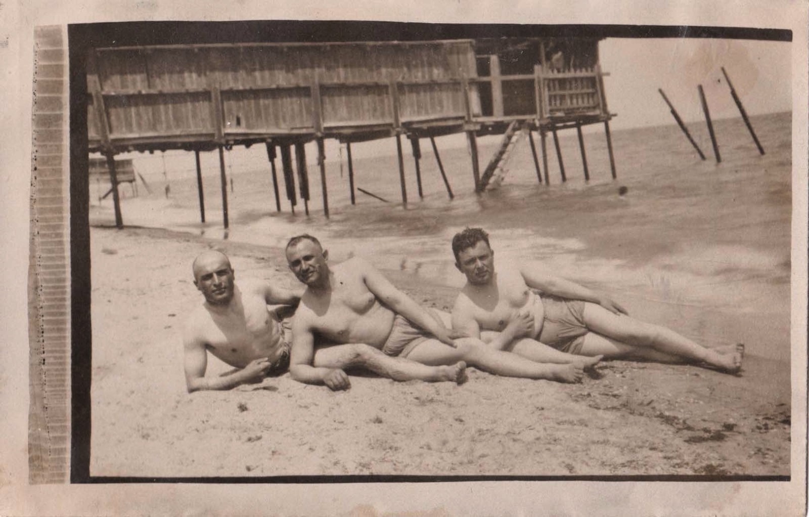 Vintage Leonar RPPC - 3 handsome men on beach - Affectionately-  Gay interest