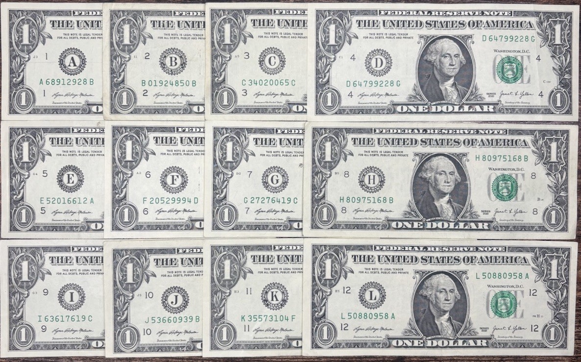 2021 $1 Note Lot (12). Complete Set from Districts A-L.