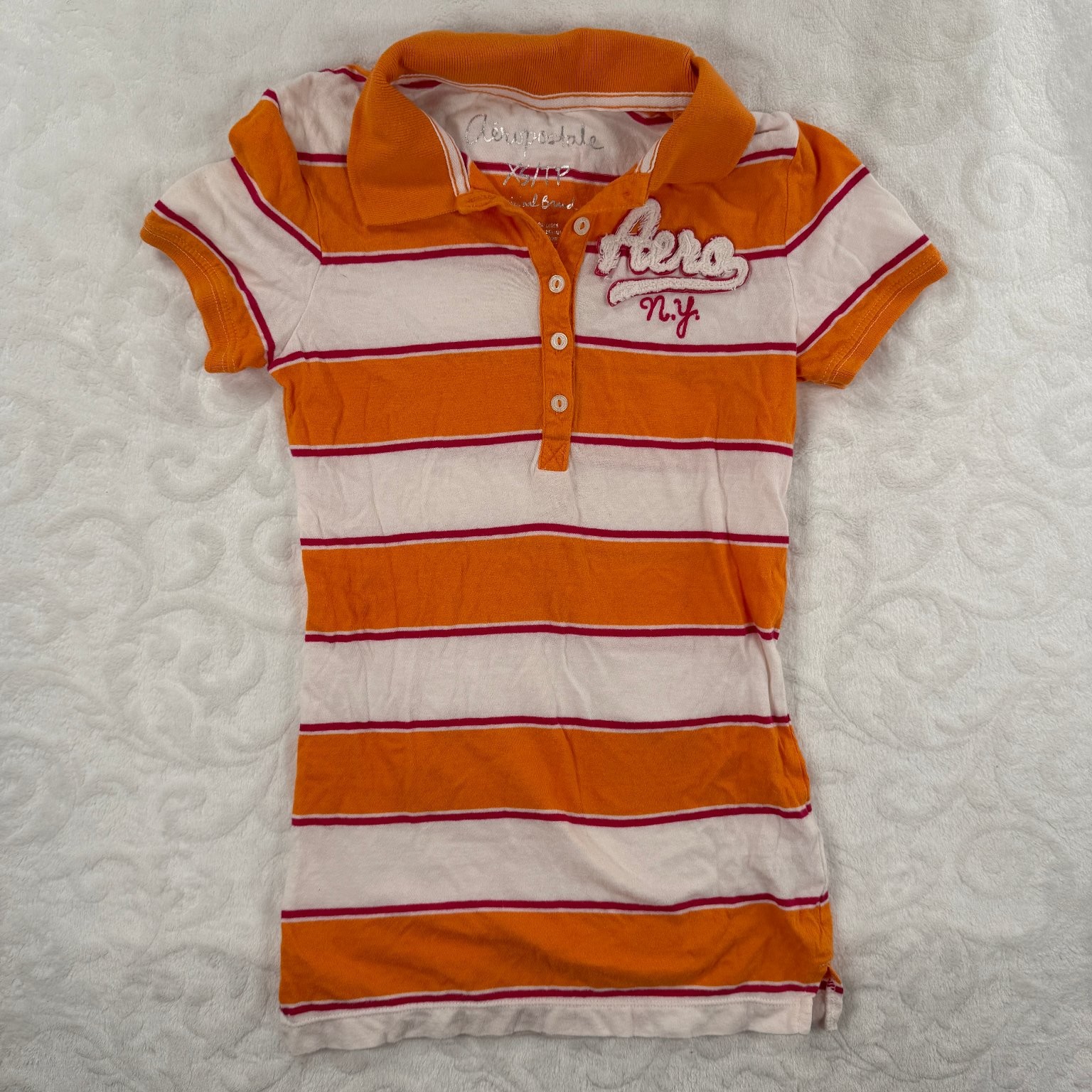 Aeropostale Women\'s XS Striped Polo Shirt Orange White Red Short Sleeve Cotton