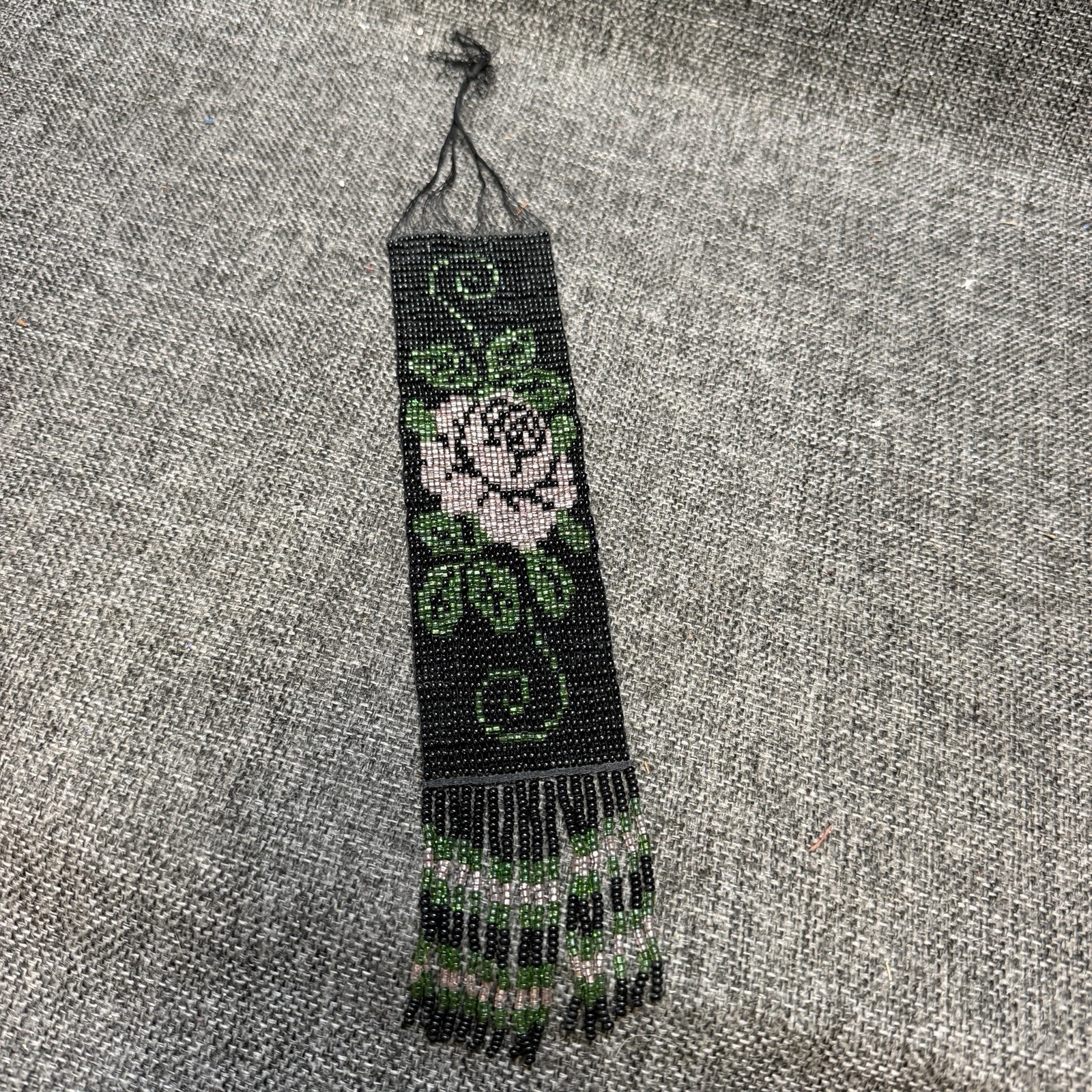 Antique c1910 Glass Seed Bead Rose Floral Panel Bookmark Fringe 10in
