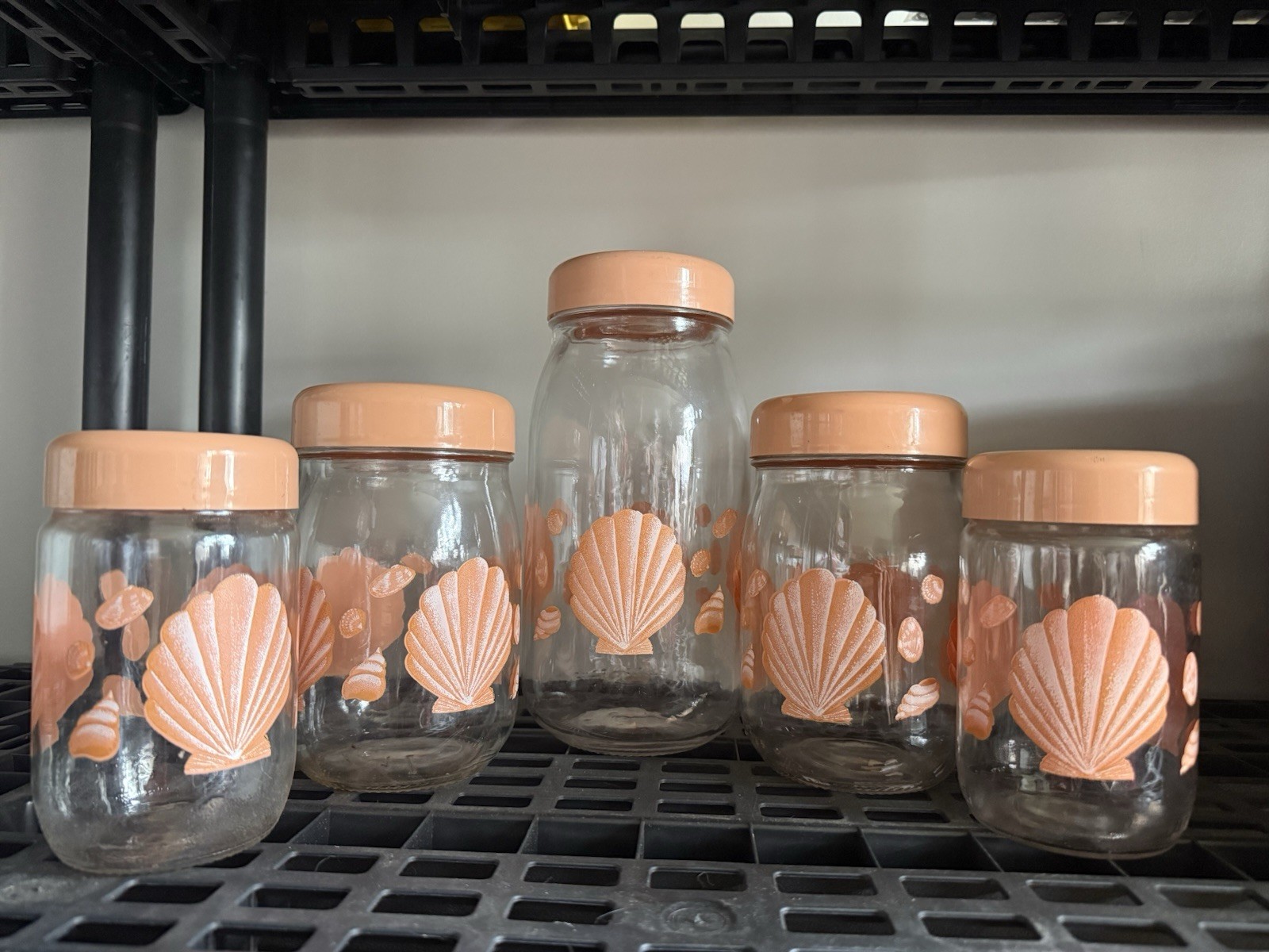 Vintage 1980s VMC Reims France Pink Seashell Glass Canister Set of 5