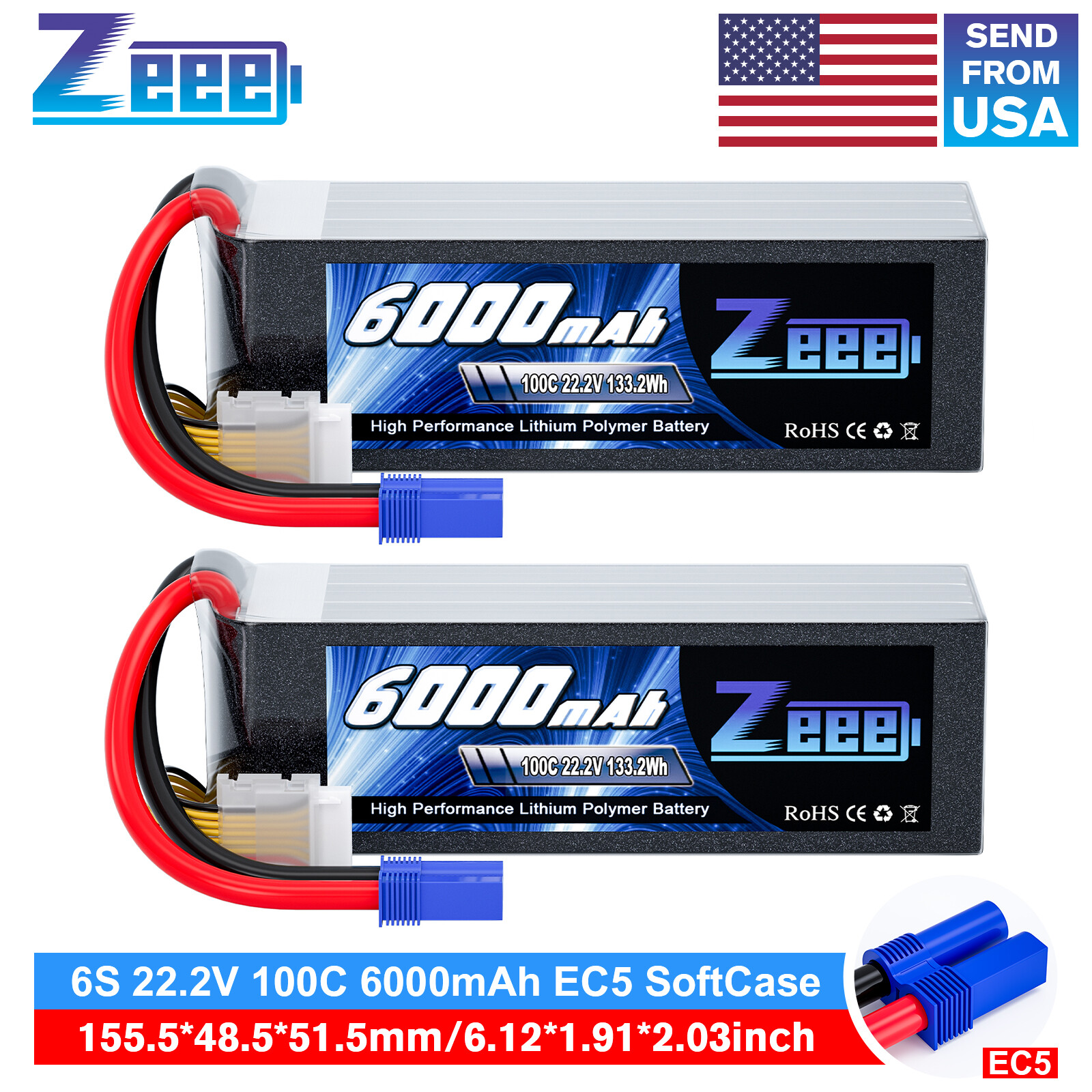 2x Zeee 6S LiPo Battery 6000mAh 22.2V 100C EC5 for RC Plane Drone Jet Car Truck 2x Zeee 6S LiPo Battery 6000mAh 22.2V 100C EC5 for RC Plane Drone Jet Car Truck