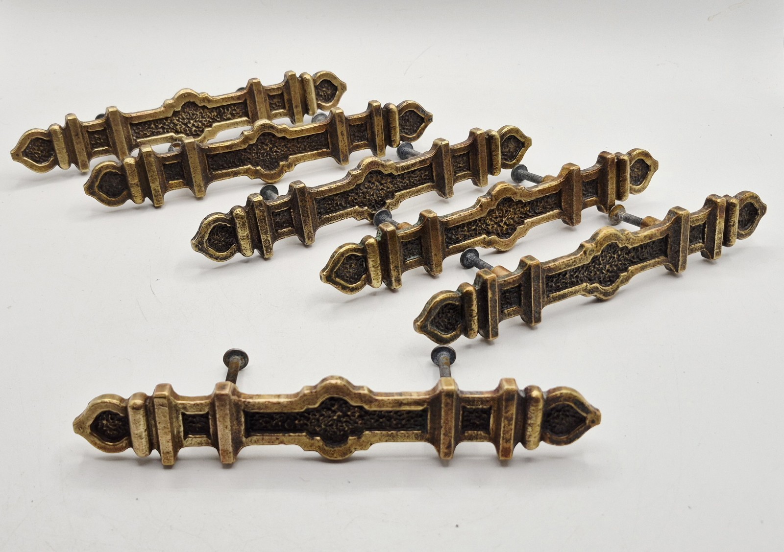 6× VTG Solid Brass Drawer Pull Handles Brutalist Gothic Ajax Scoville 9588