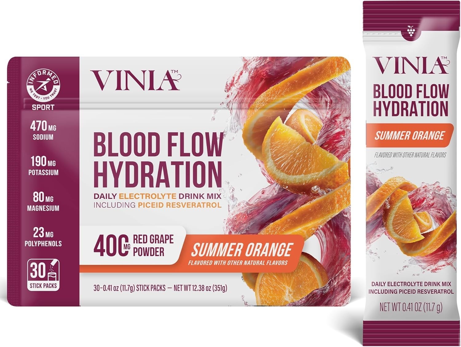 VINIA Resveratrol Electrolyte Hydration Powder Mix Summer Orange Blood Flow VINIA Resveratrol Electrolyte Hydration Powder Mix Summer Orange Blood Flow
