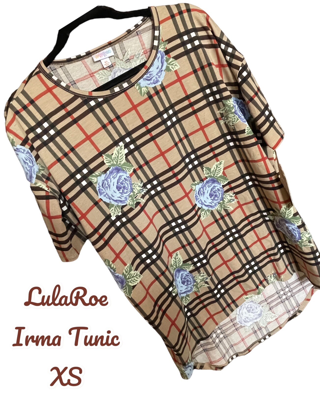 NWT LuLaRoe Irma Tunic T - Classic Tan Plaid w/ Blue Roses XS NWT LuLaRoe Irma Tunic T - Classic Tan Plaid w/ Blue Roses XS