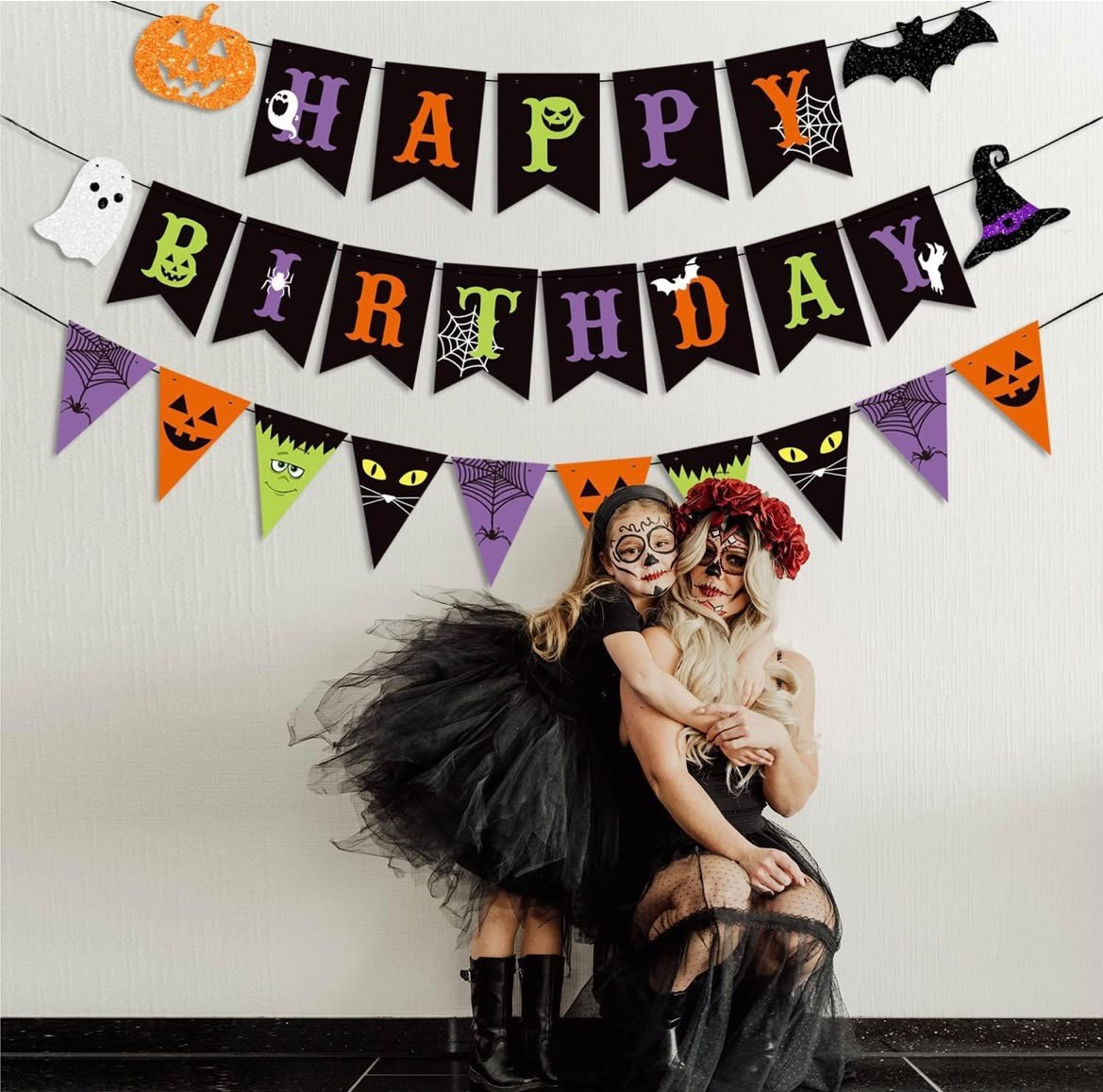 Colorful Halloween Happy Birthday Banner and Halloween Pattern Pennant