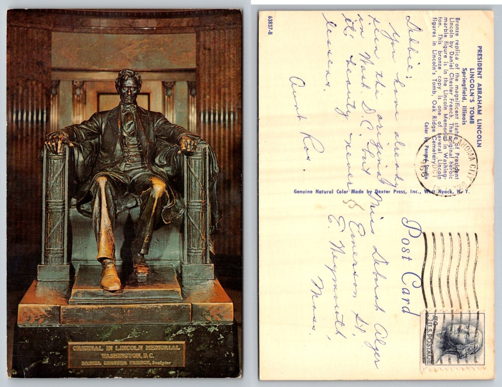 President Abraham Lincoln Statue Springfield Illinois Postcard PB215-R