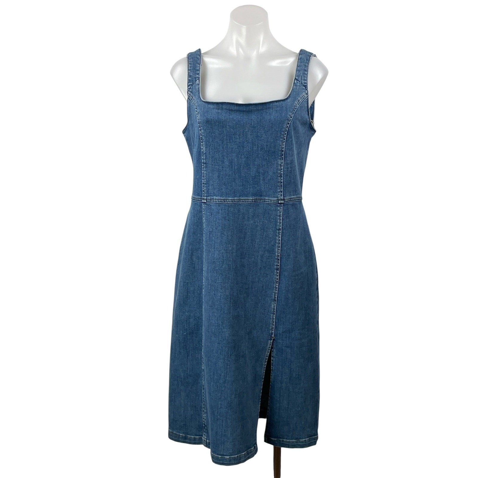 Reformation Parker Blue Sleeveless Square Neck Slit Denim Jean Midi Dress 10
