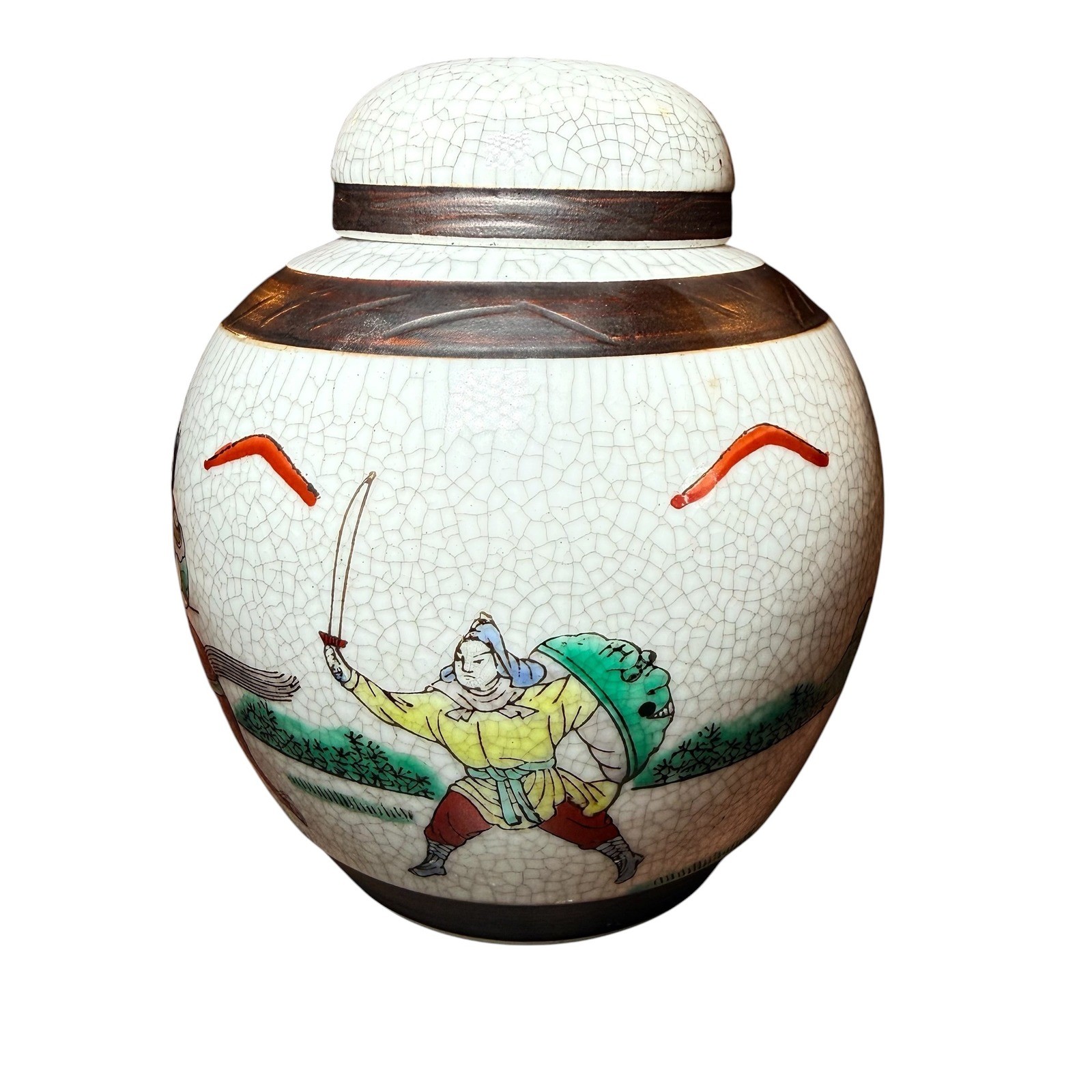 Vintage Chinese Crackle Glaze Ginger Jar Warriors Battle Scene Hand Painted Lid