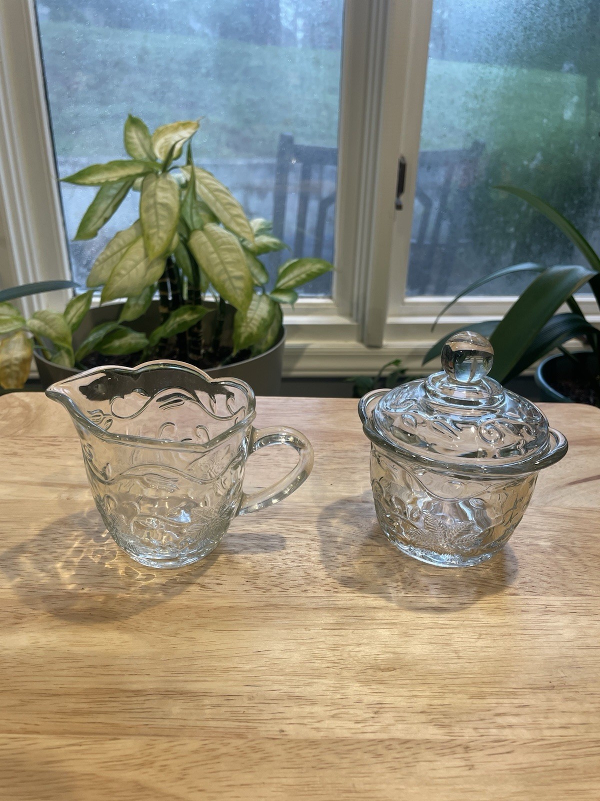 Princess House Fantasia Crystal Creamer & Covered Sugar Bowl Clear Floral Glass