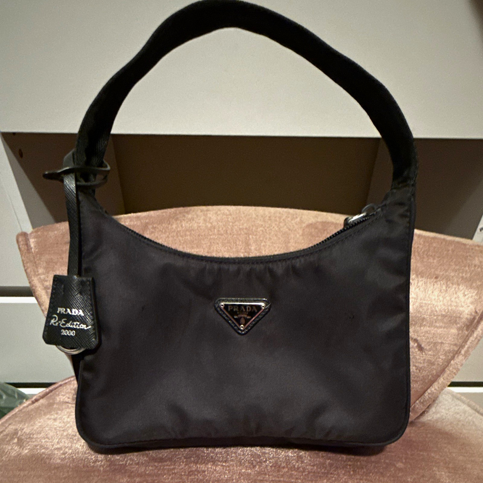 PRADA Re-Edition Black Logo Shoulder Bag Zip Closure Silver Hardware Small PRADA Re-Edition Black Logo Shoulder Bag Zip Closure Silver Hardware Small