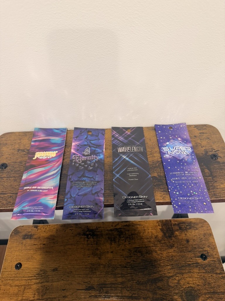 4 Pack Designer Skin Tanning Lotion Sample Packets Mix