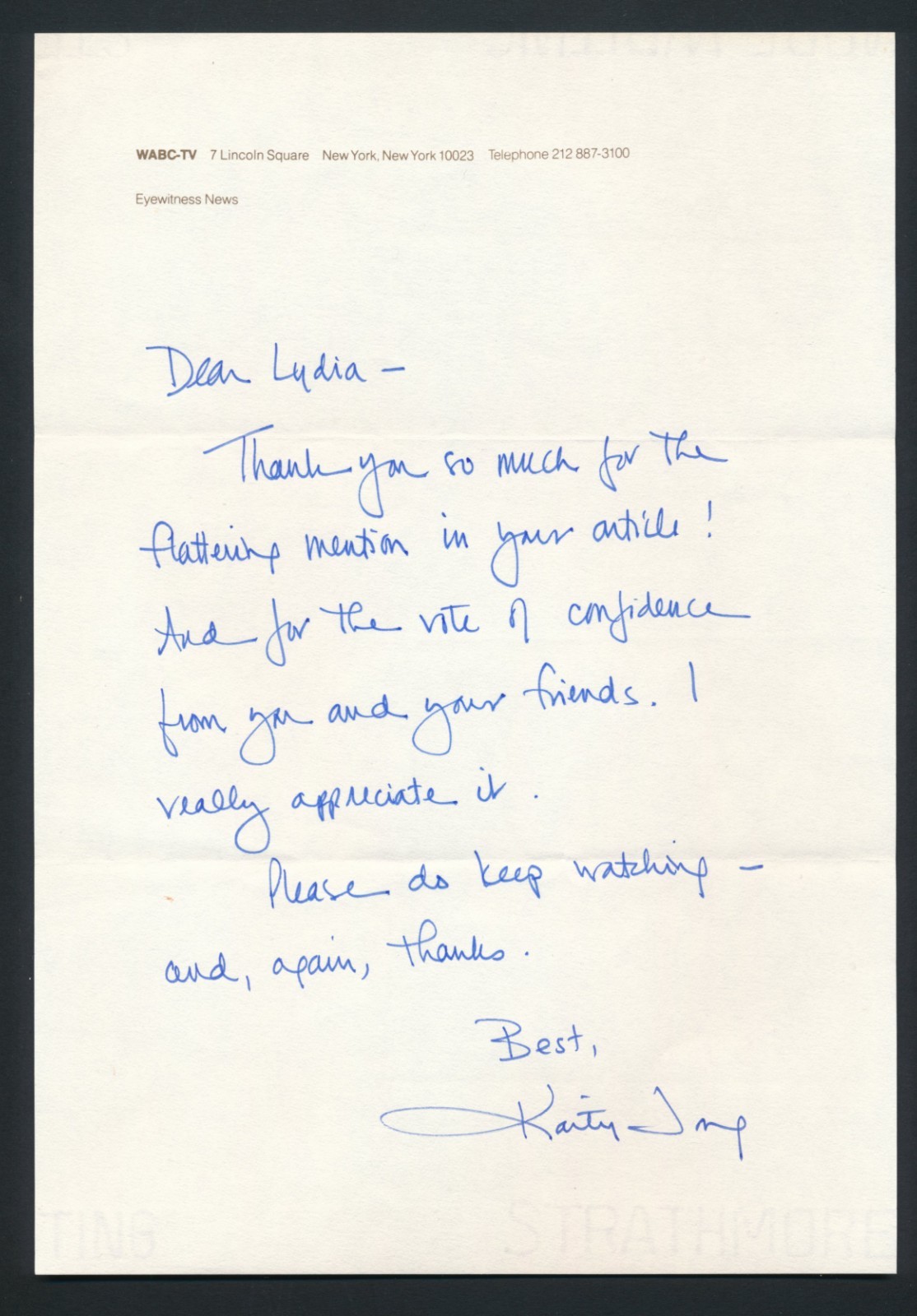 Kaity Tong - Signed Handwritten Thank You Letter - ABC - T.V. News Anchor