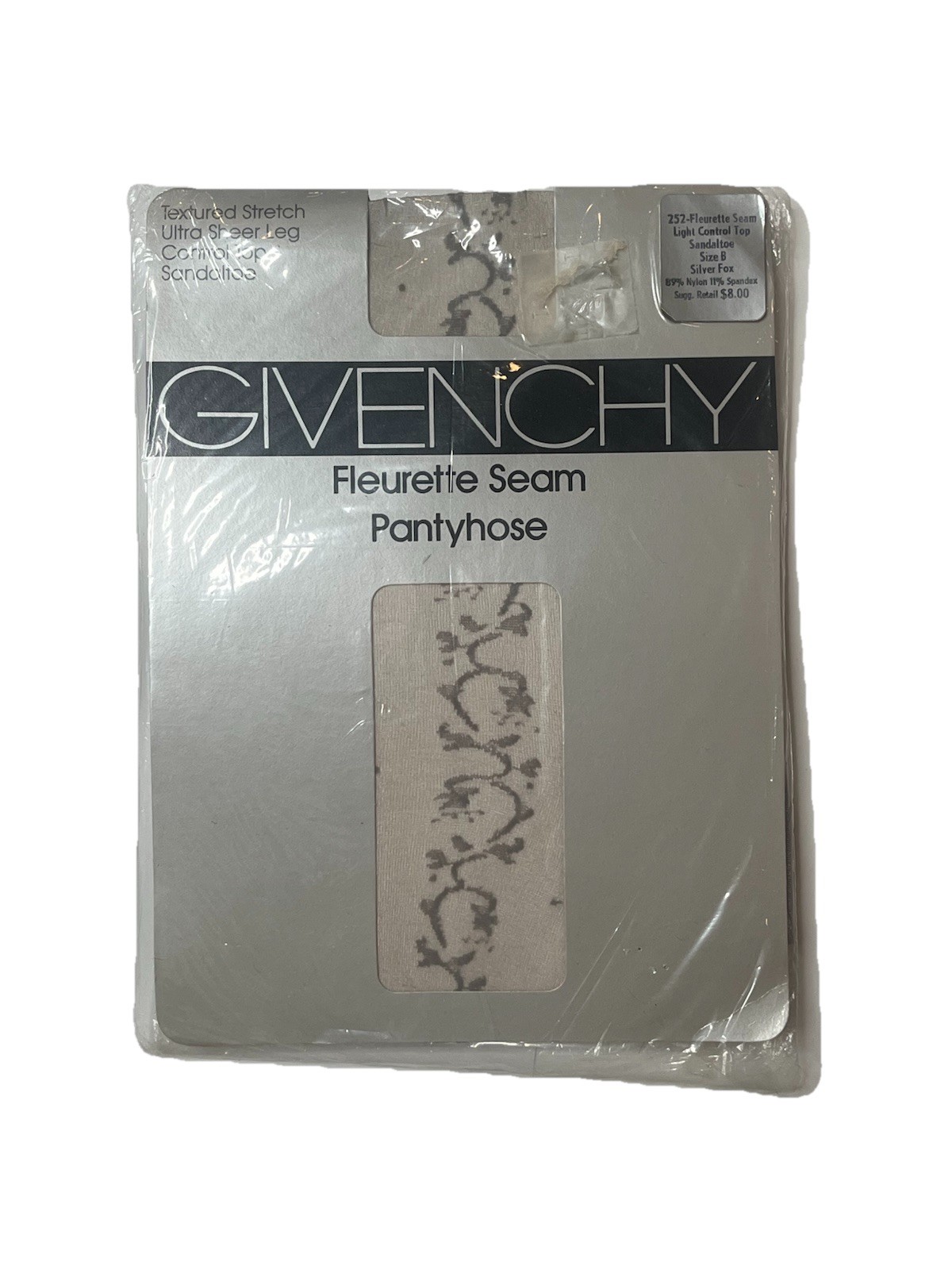 Vtg 1986 Givenchy Fleurette Seam Pantyhose Sz B Silver Fox NOS Floral Seam 