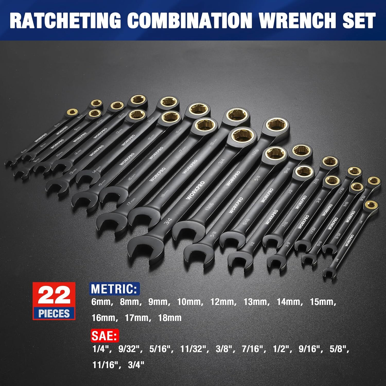 WORKPRO 22Piece Ratcheting Wrench Set, 72 Teeth Anti-slip with Organizer Box NEW WORKPRO 22Piece Ratcheting Wrench Set, 72 Teeth Anti-slip with Organizer Box NEW